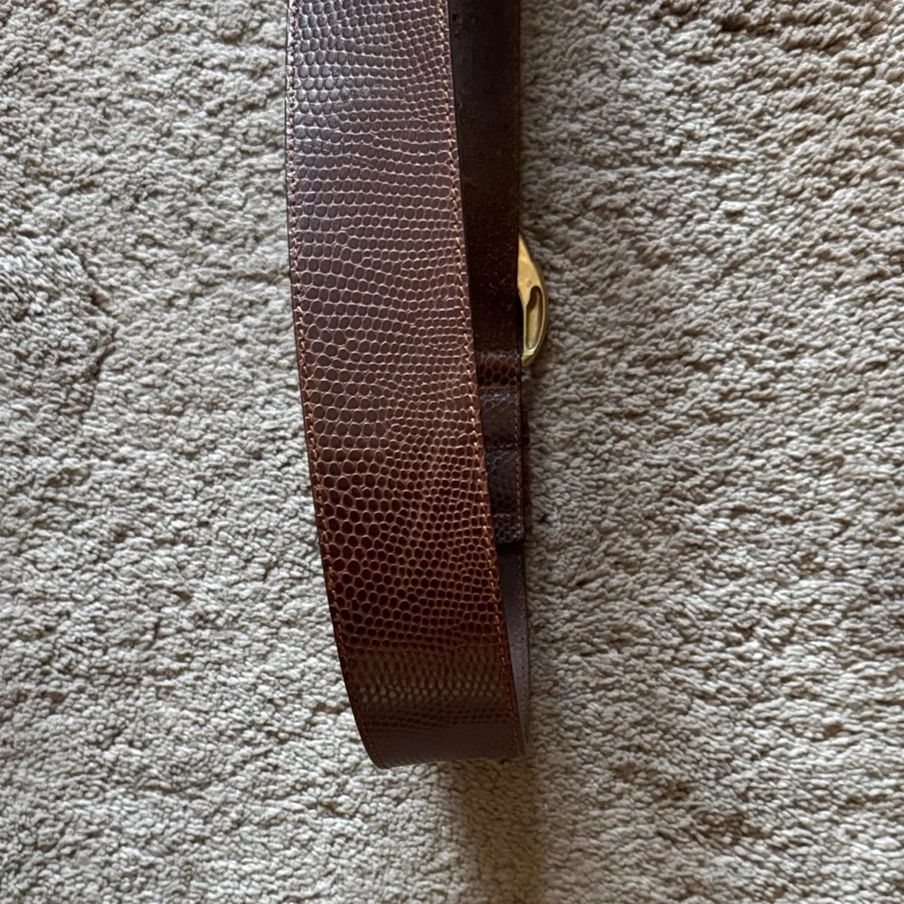 Vintage Cognac Wide Leather Belt with Snakeskin Pattern & Brass & leather Buckle